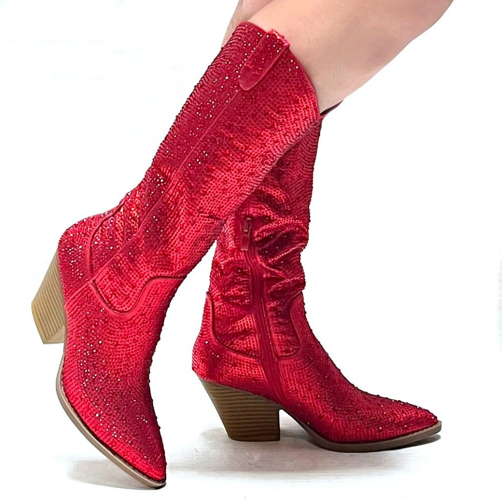 New Women's Red Blingy Rhinestone Western Knee High Cowboy Boots - Picture 2 of 4
